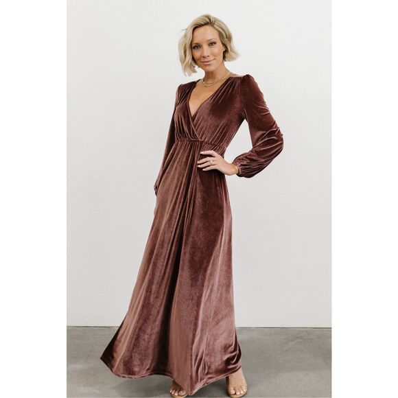 Baltic Born Womens Muave Venus Velvet Balloon Sleeve Pleated Wrap Maxi Dress XS - Picture 1 of 9